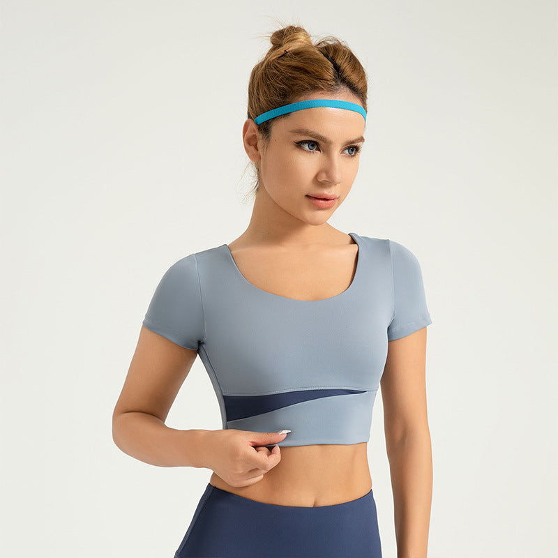 Nude revealing navel yoga clothing women sports yoga short sleeve with bra pads color blocking fitness clothing LJYMD013