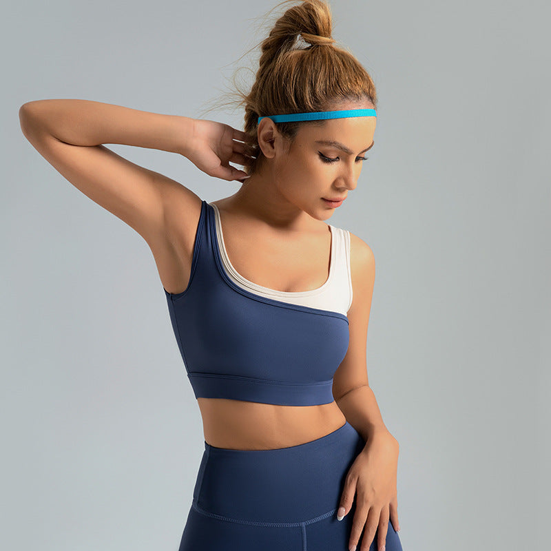 Color blocking high elasticity sports underwear fixed one-piece high-intensity anti-shock gathering U-shaped sports bra LJYMN073