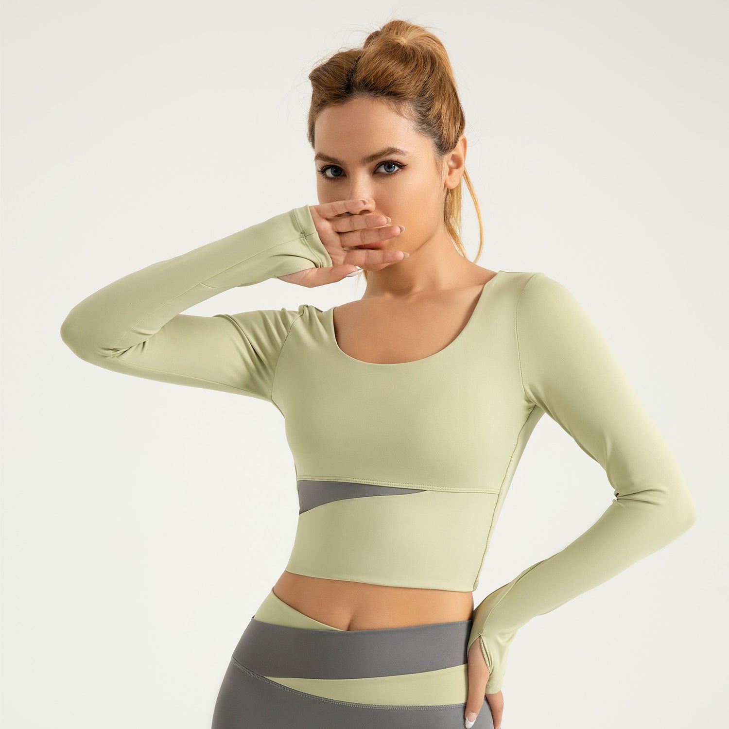 Peach Color Matching Long Sleeve Yoga Wear Top Nude Feel Slimming Sports Running Fitness Top Women LJYMC023