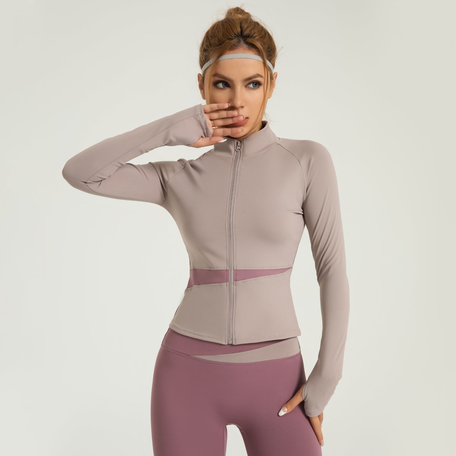 Peach Colour Blocking Yoga Jacket Nude Exercise Top High Neck Slim Breathable Neckless Fitness Clothing Women LJYMW022