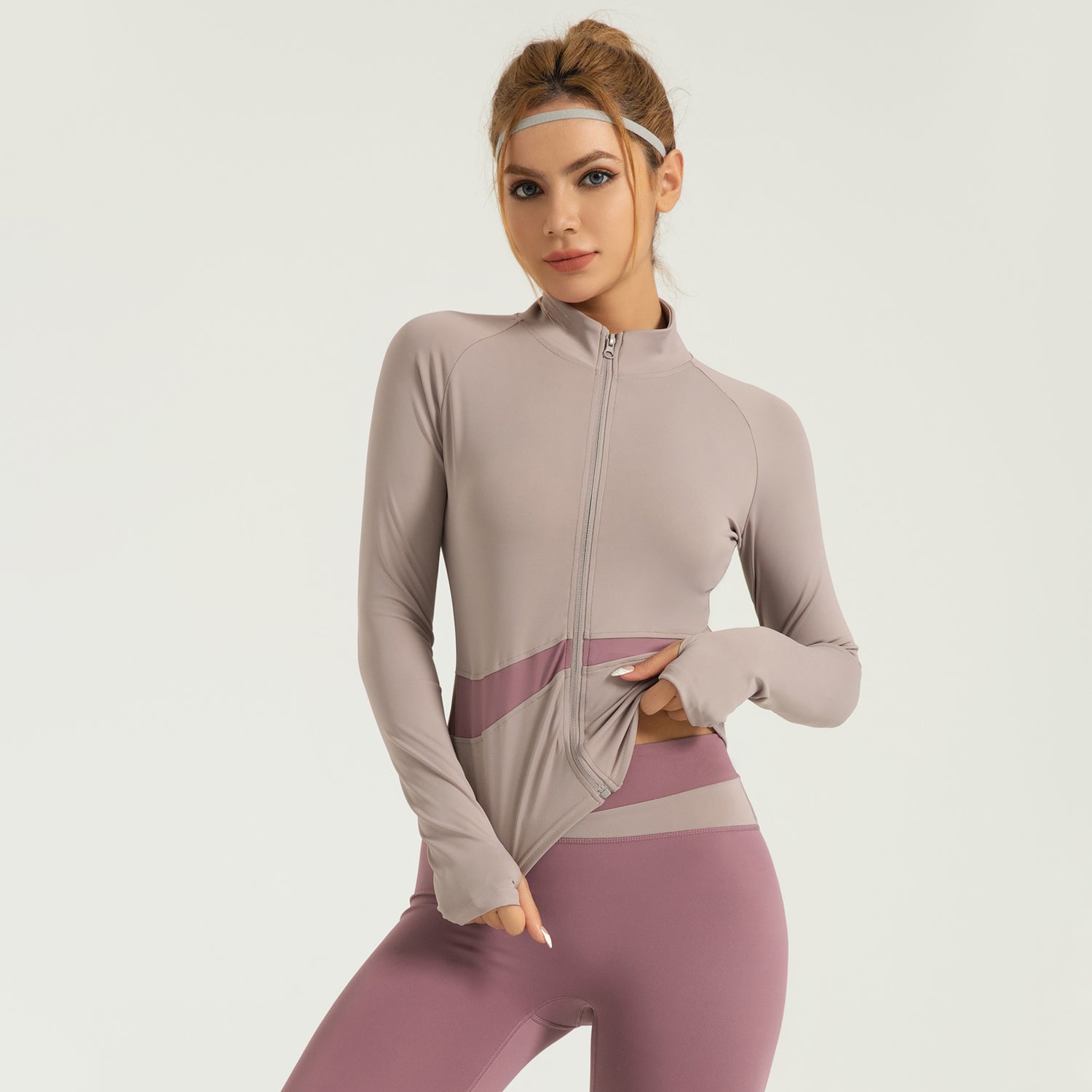 Peach Colour Blocking Yoga Jacket Nude Exercise Top High Neck Slim Breathable Neckless Fitness Clothing Women LJYMW022