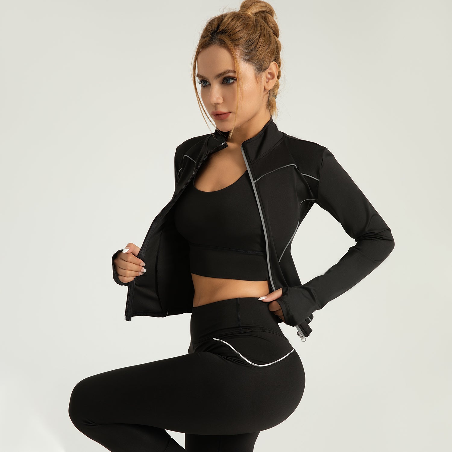 New Line Sense Yoga Coat Stand Collar Slimming Slim Night Running Reflective Motion Coat for Women LJYMW060