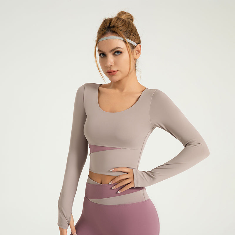 Peach Color Matching Long Sleeve Yoga Wear Top Nude Feel Slimming Sports Running Fitness Top Women LJYMC023