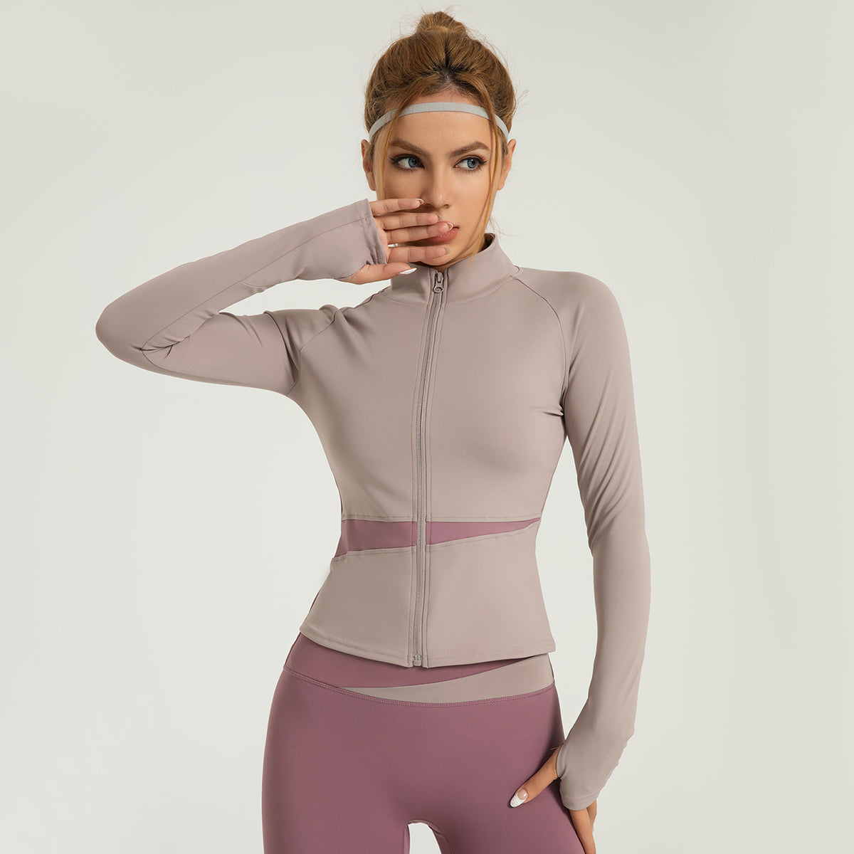 Peach Colour Blocking Yoga Jacket Nude Exercise Top High Neck Slim Breathable Neckless Fitness Clothing Women LJYMW022