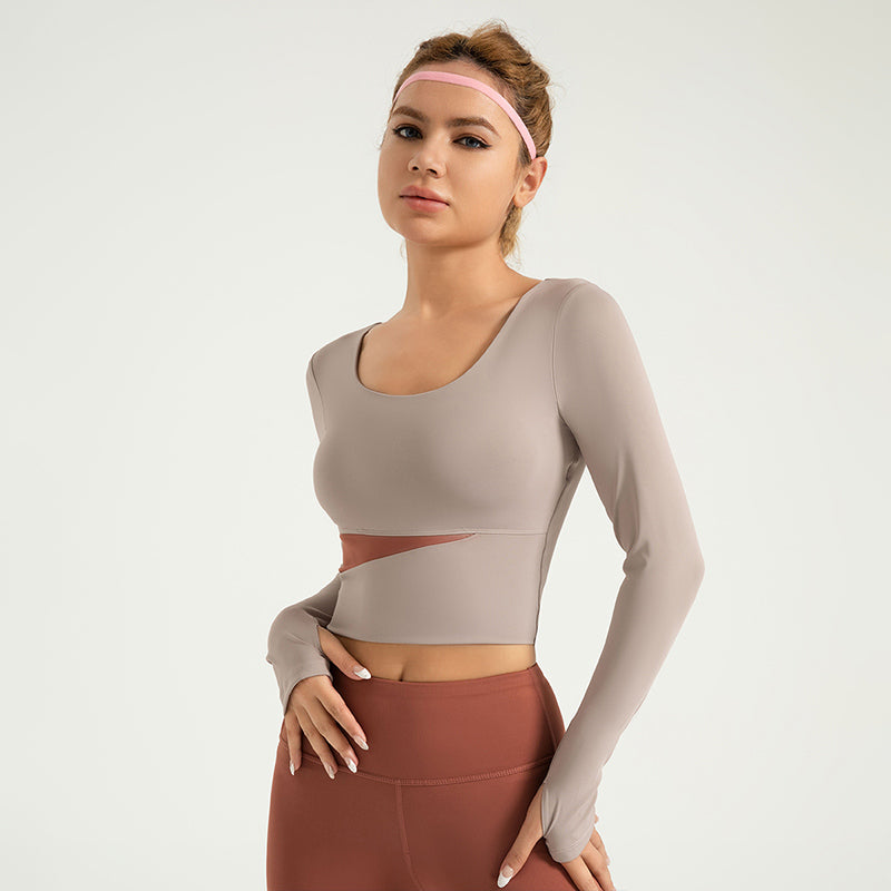 Peach Color Matching Long Sleeve Yoga Wear Top Nude Feel Slimming Sports Running Fitness Top Women LJYMC023