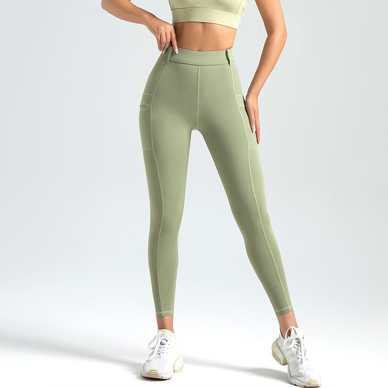 Biker Pants Seamless High Waist Hip Lifting Slimming Side Pockets Anti Rolled Edge High Stretch Nude Yoga Pants LJYJK007